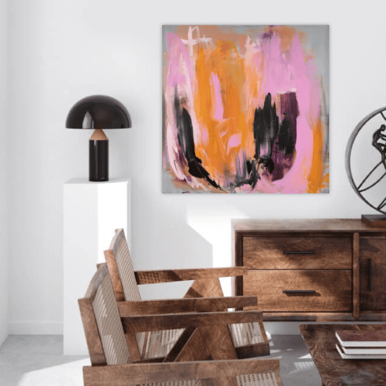 Abstraktes Acrylbild, rosa, orange und schwarz